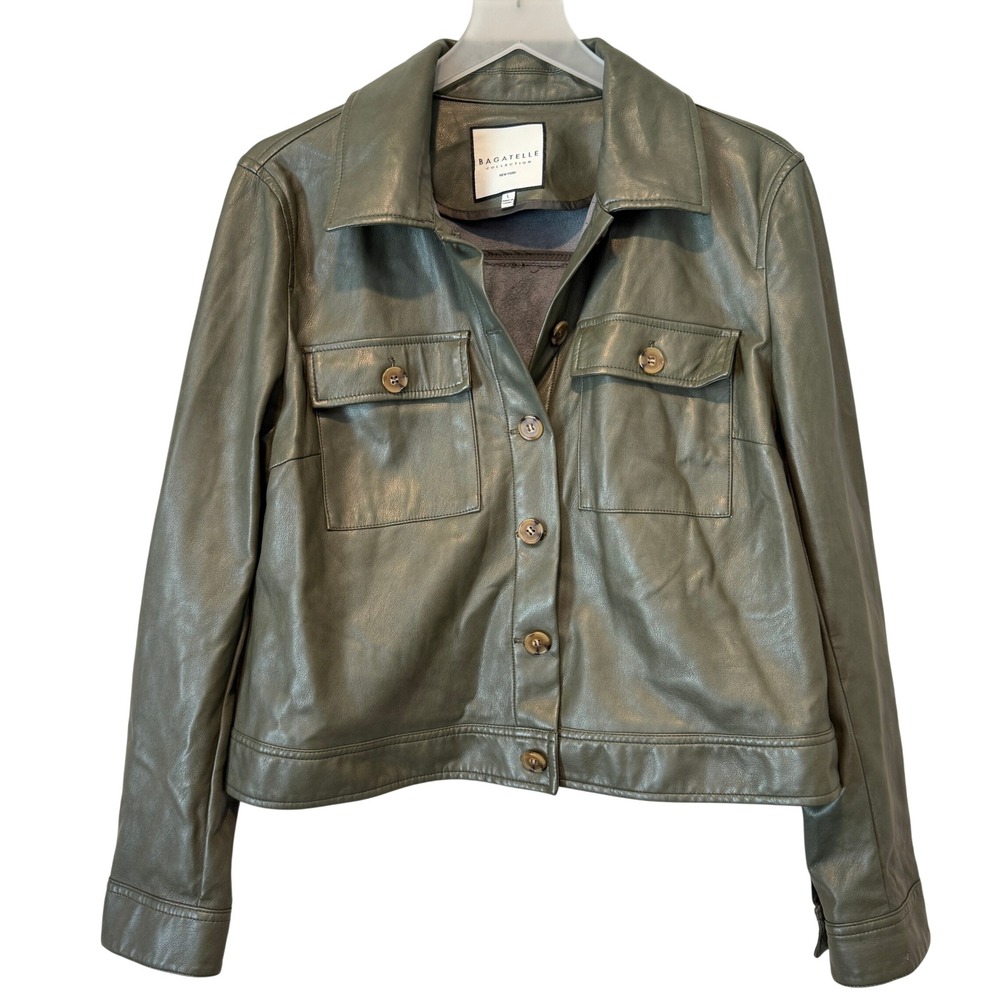 Bagatelle Collection Olive Green Faux Leather Shacket Button Front‎ Jacket Large